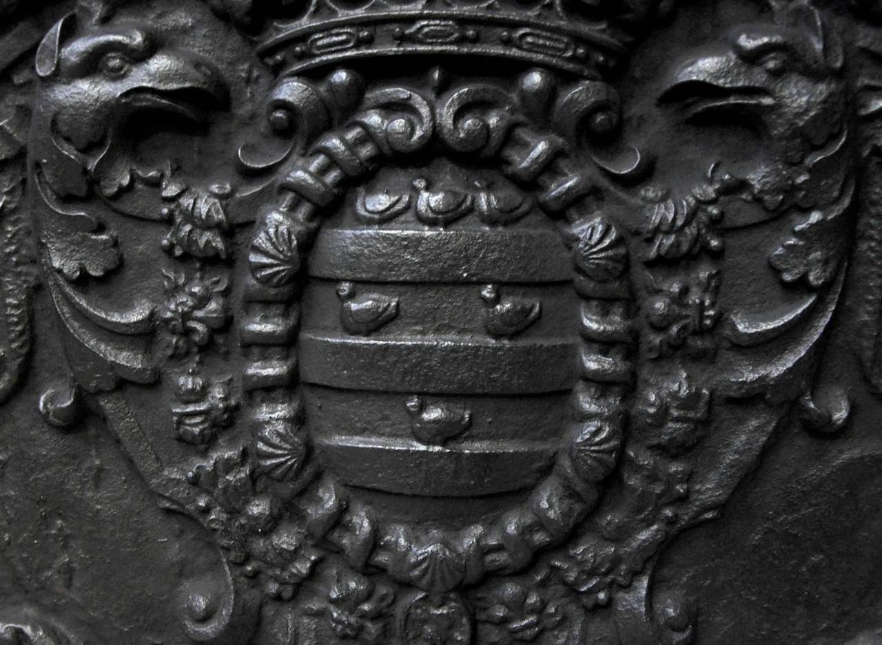This exceptional antique fireback was made in the late 17th - early 18th century. 
It represents the Paul de Beauvilliers duke of Saint-Aignan coat of arms.
This fireback comes from the Chateau of Vaucresson.