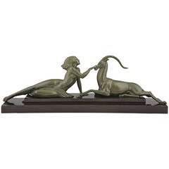 Art Deco Sculpture of a Nude & Gazelle by Fayral, Max Le Verrier Foundry 1930