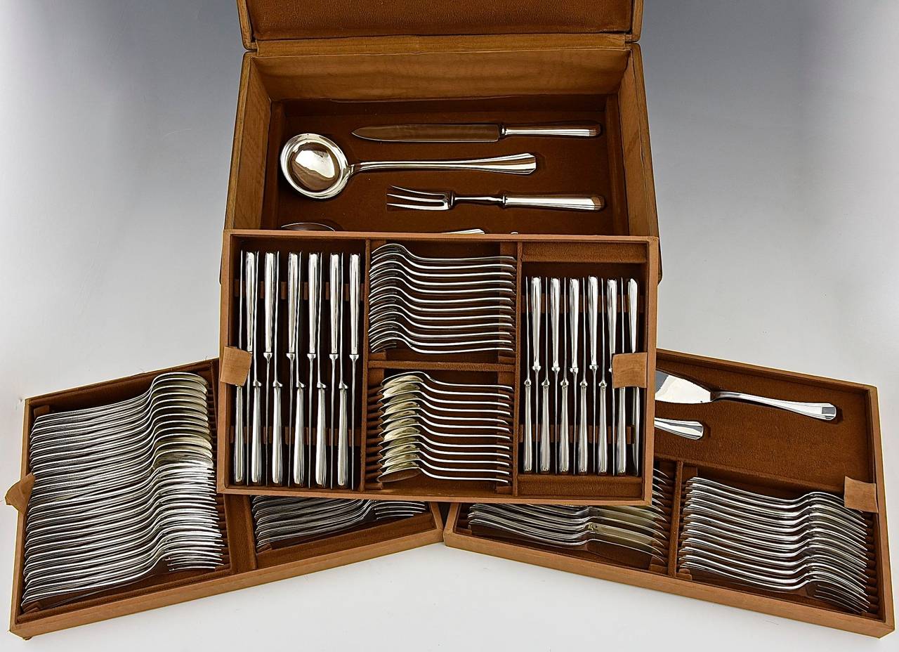 Argentato Set di posate Art Deco 128 pezzi, astuccio originale Christofle Boreal, 1935