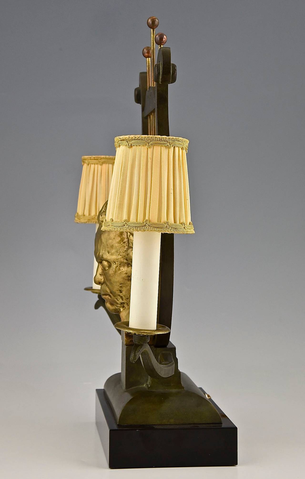 Patinated French Art Deco Bronze Lamp with Head of Beethoven by G. Garreau, 1935