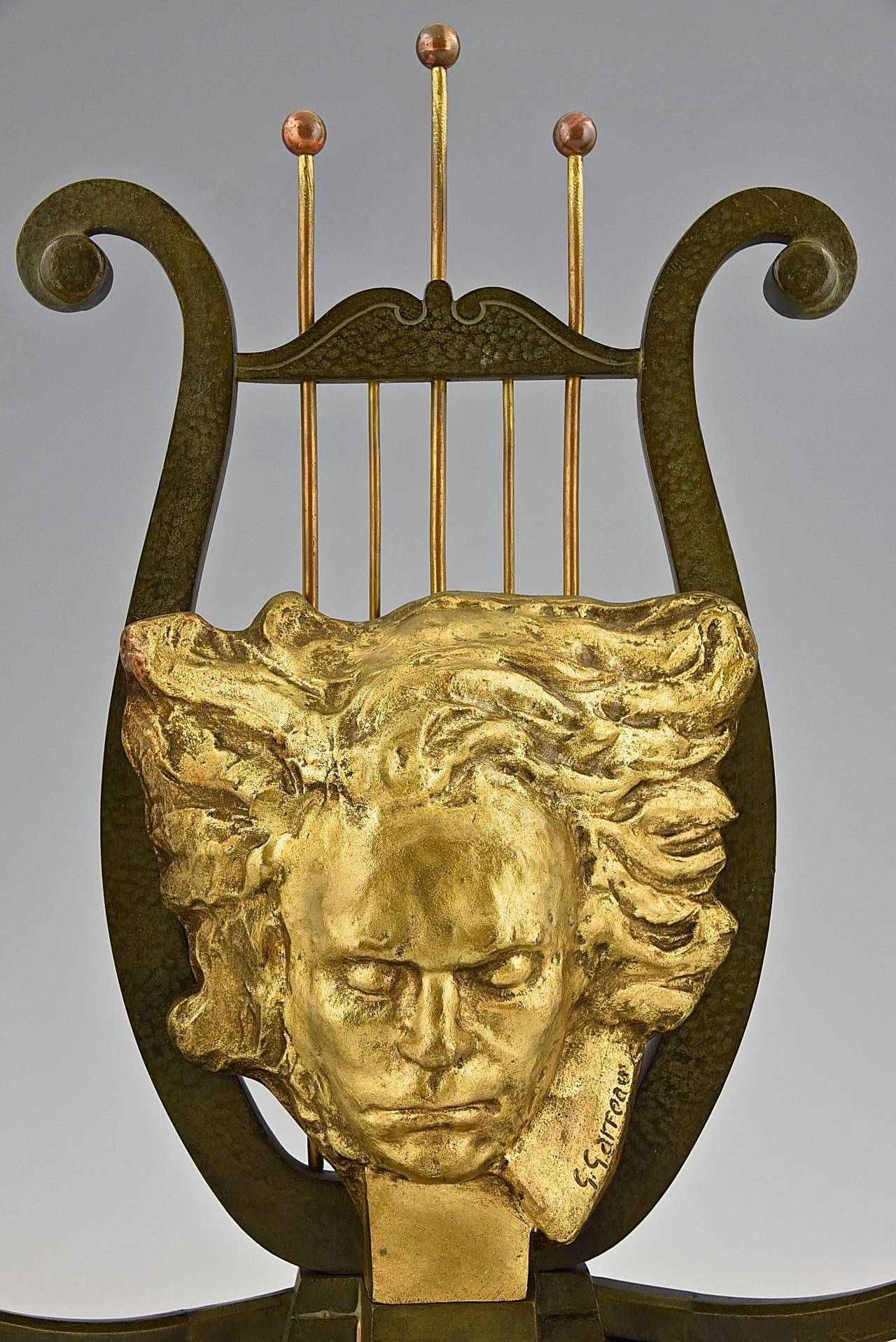French Art Deco Bronze Lamp with Head of Beethoven by G. Garreau, 1935 1
