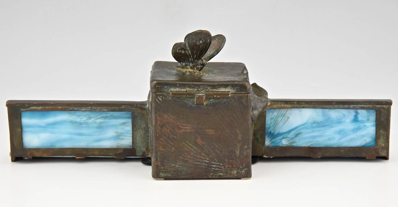 Art Nouveau Bronze Inkwell with Butterflies and Glass Inlay, circa 1900 3