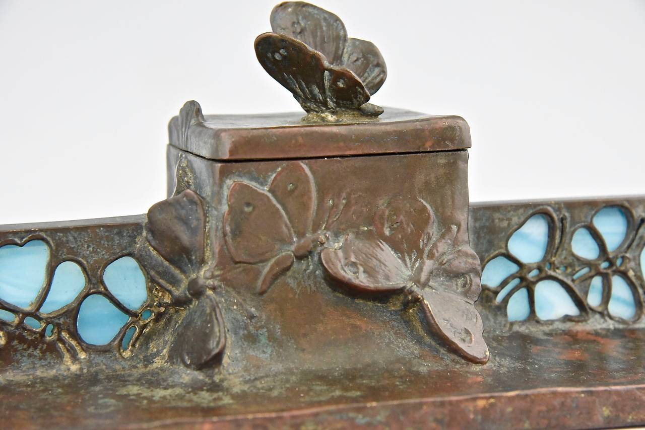 Art Nouveau Bronze Inkwell with Butterflies and Glass Inlay, circa 1900 1