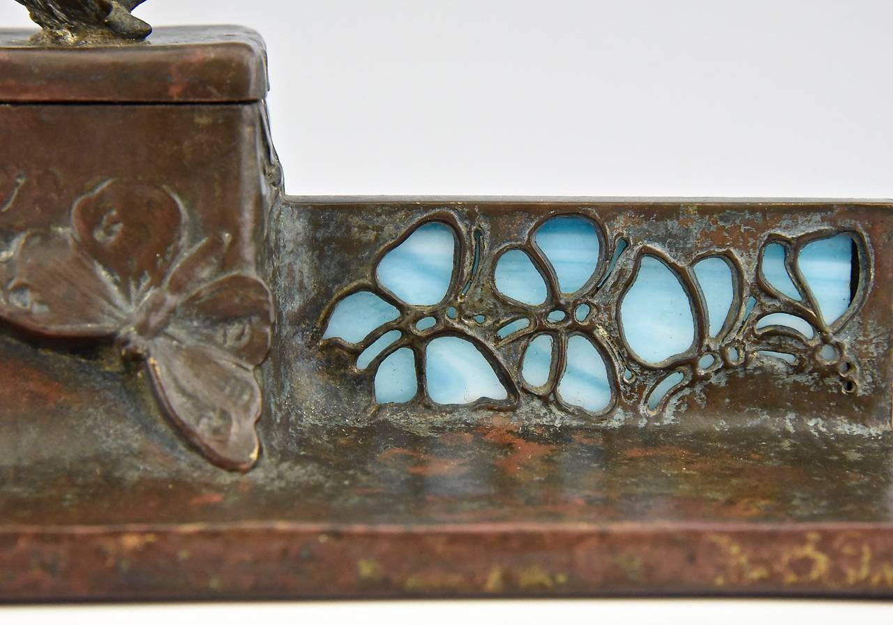 Art Nouveau Bronze Inkwell with Butterflies and Glass Inlay, circa 1900 2