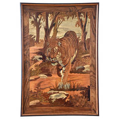 Art Deco Wood Inlay Panel with Tiger, France, 1930