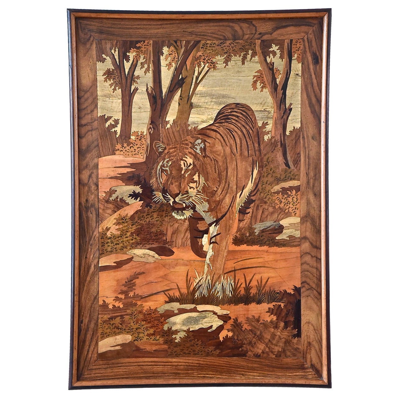 Art Deco Wood Inlay Panel with Tiger, France, 1930