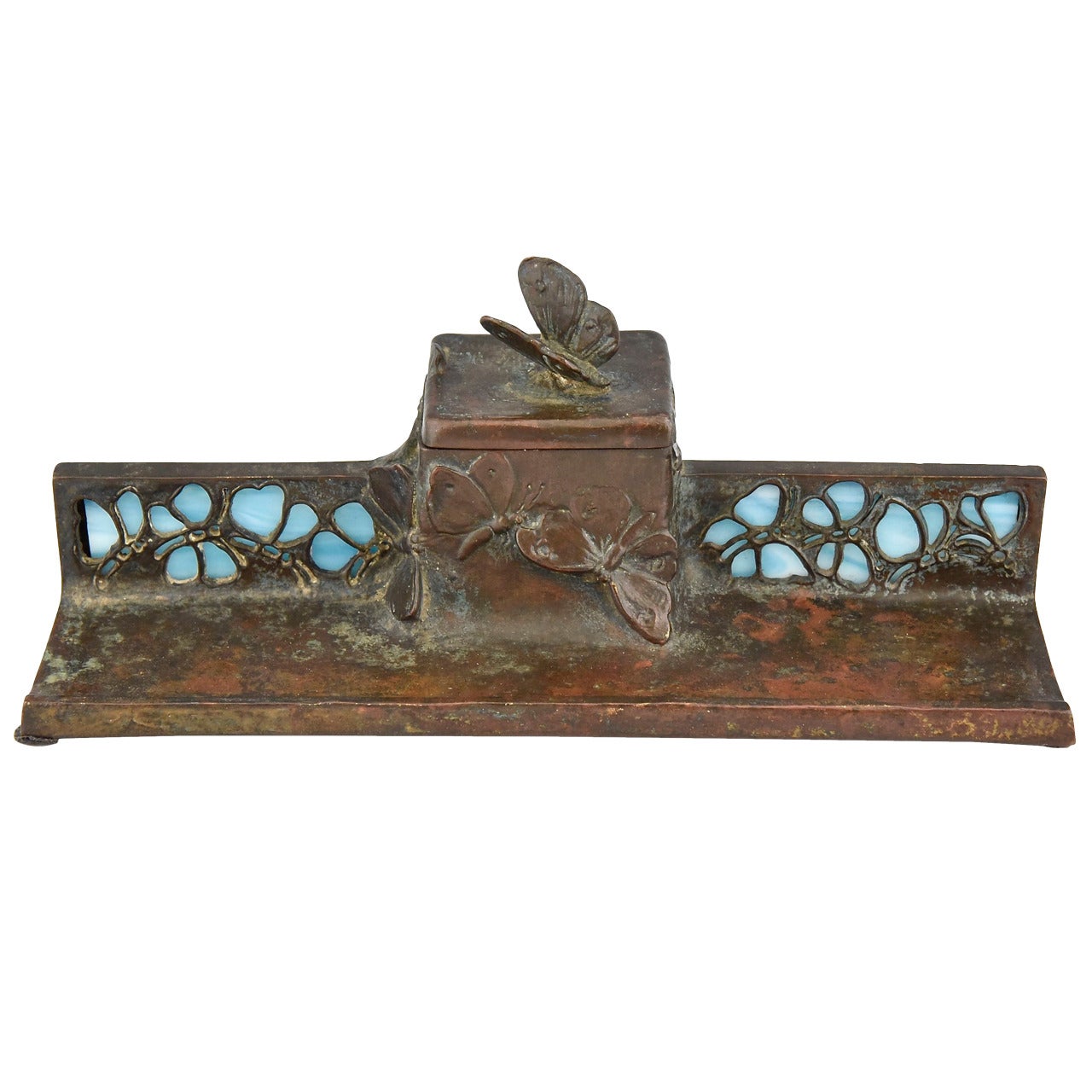 Art Nouveau Bronze Inkwell with Butterflies and Glass Inlay, circa 1900
