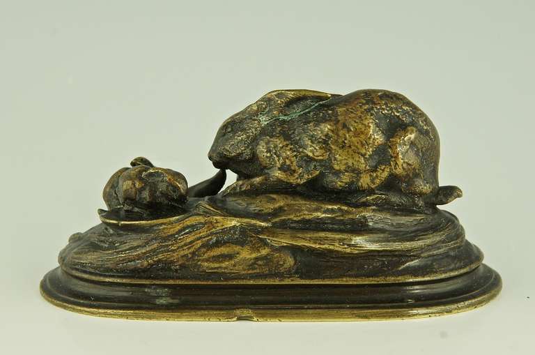 19th Century Bronze Sculpture of a Rabbit with Three Baby Rabbits by A. Cain, France 1875.
