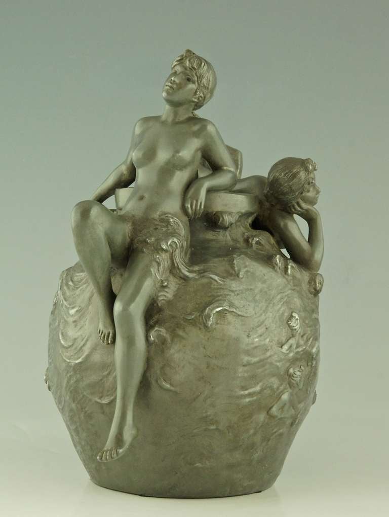 Pewter Art Nouveau Vase with Nudes by Emmanuel Villanis, Meditation