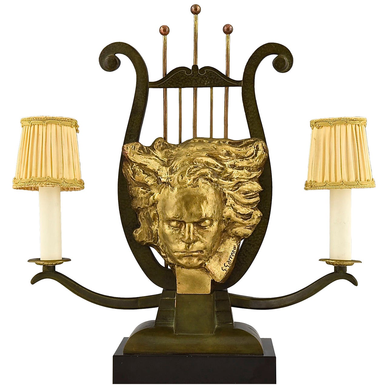 French Art Deco Bronze Lamp with Head of Beethoven by G. Garreau, 1935