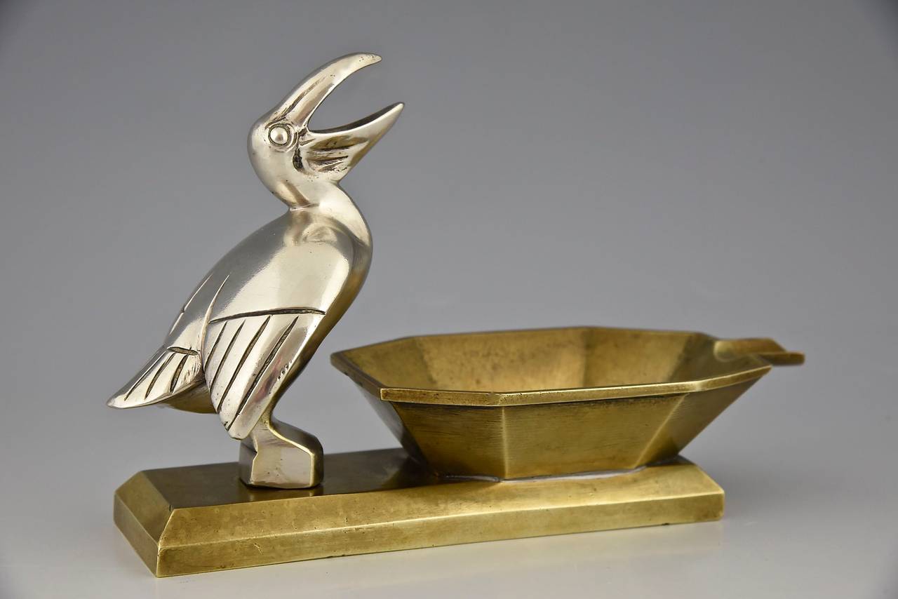 French Art Deco Bonze Sculpture Ashtray with Pelican by Marionnet, France 1925