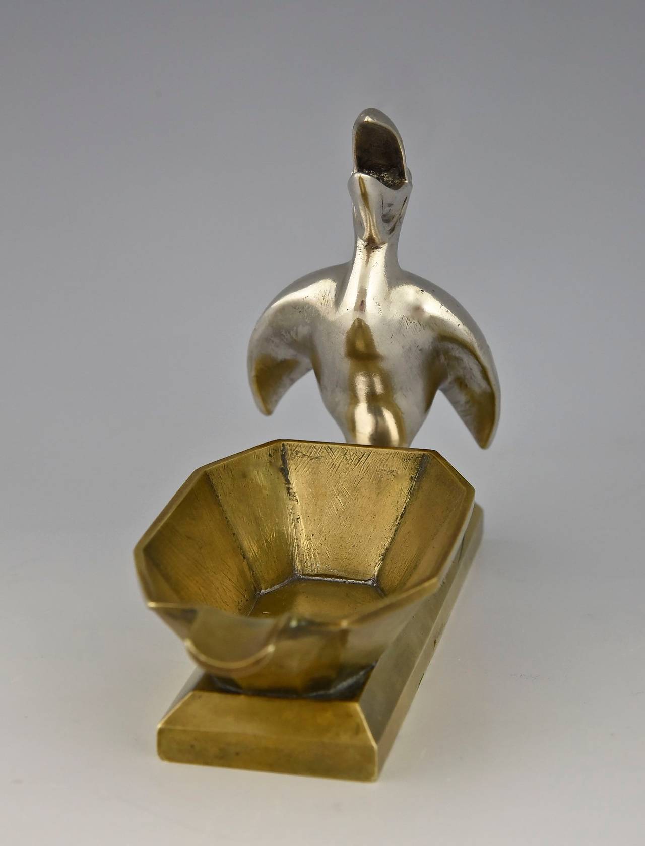 Silvered Art Deco Bonze Sculpture Ashtray with Pelican by Marionnet, France 1925