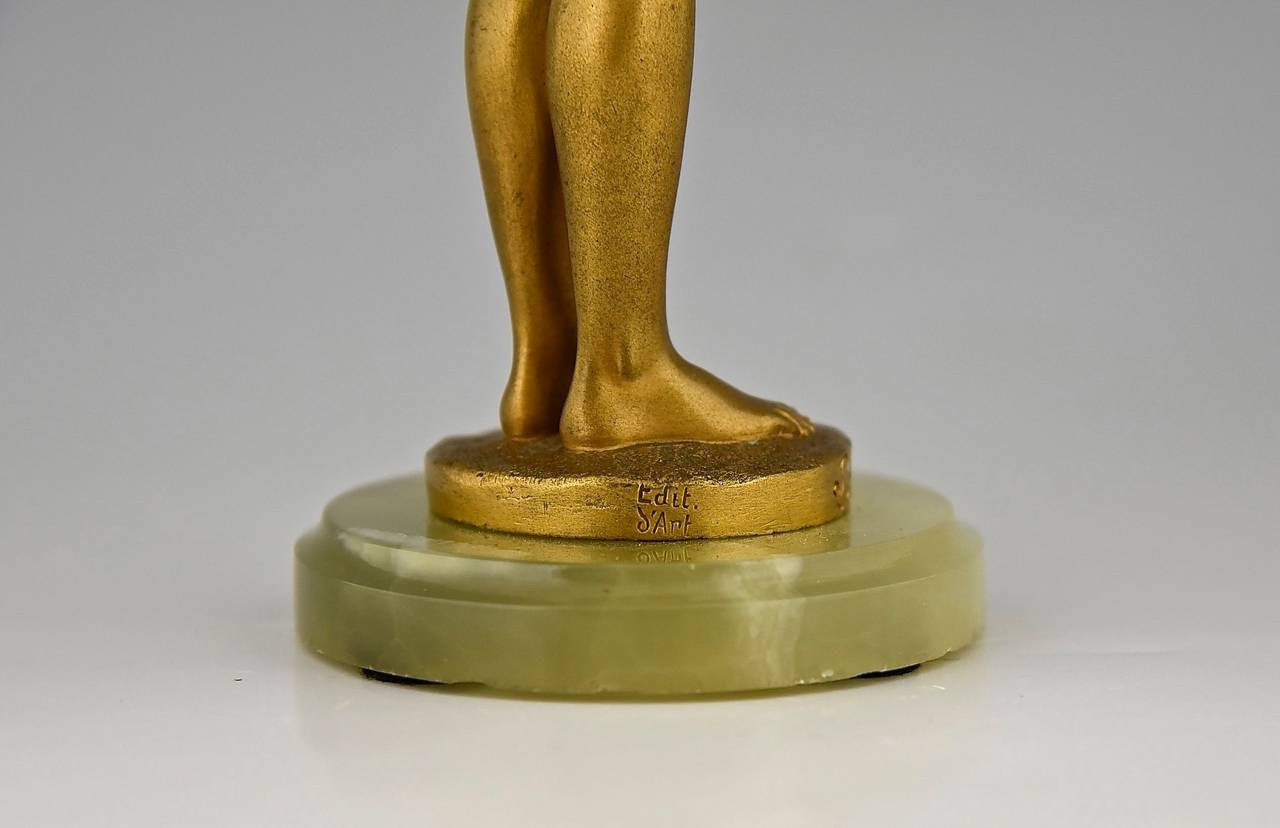 Onyx Art Nouveau Gilt Bronze Sculpture of a Young Girl Nude by Bofill, France, 1905