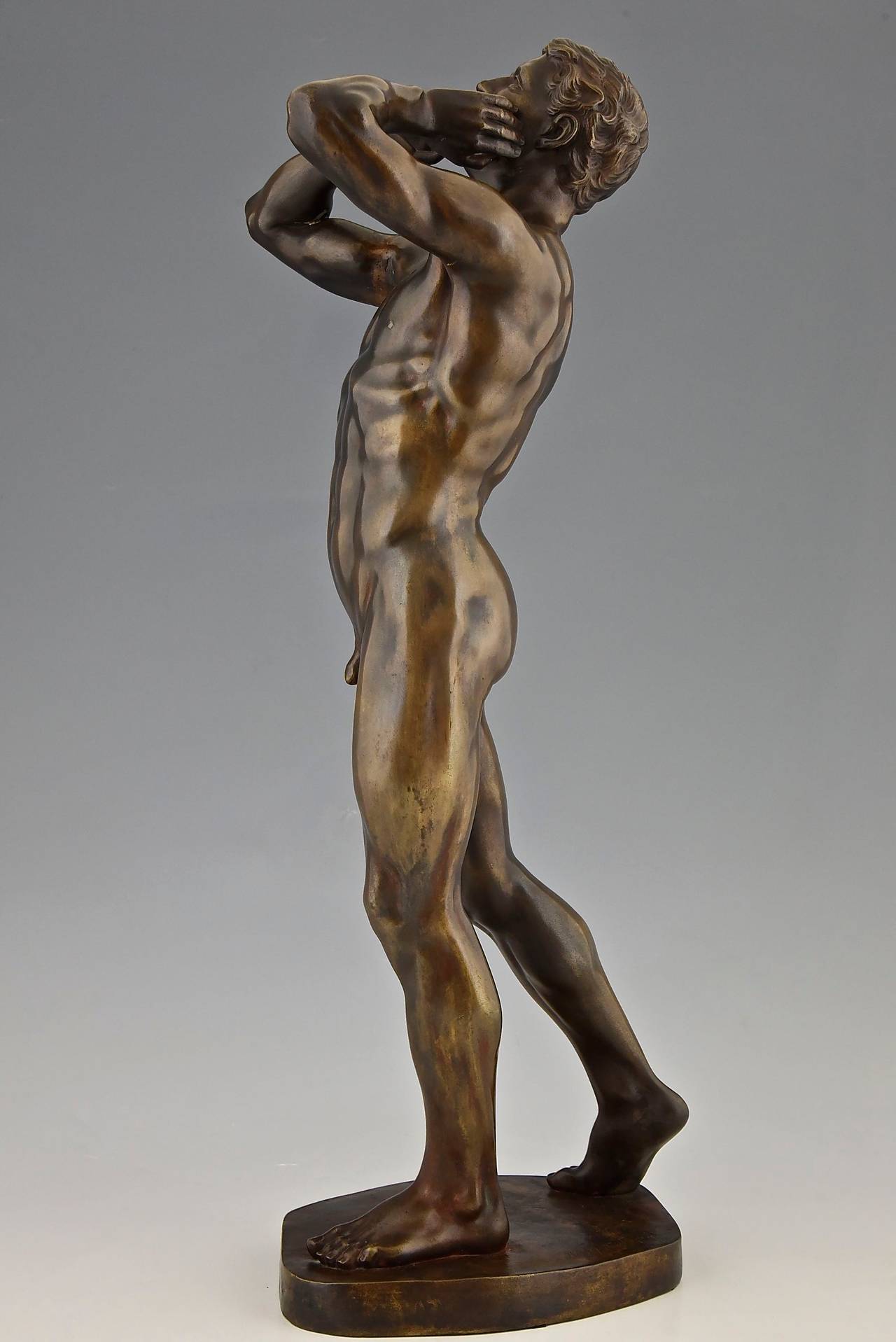 Neoclassical Antique Bronze Sculpture Athletic Male Nude by Adolf Frick, Germany, 1900