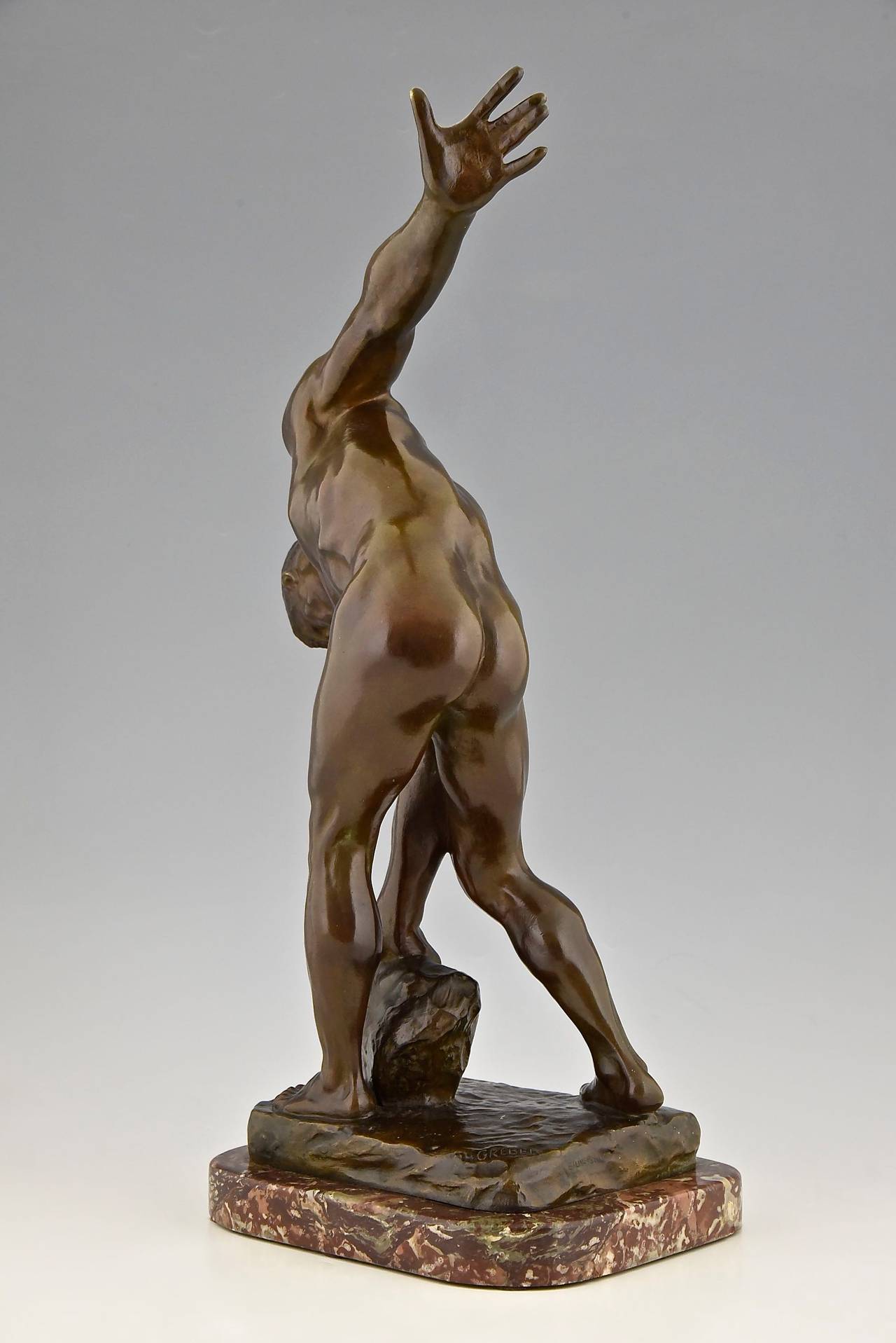 Neoclassical French Antique bronze sculpture of a male nude by Henri Greber, 1900
