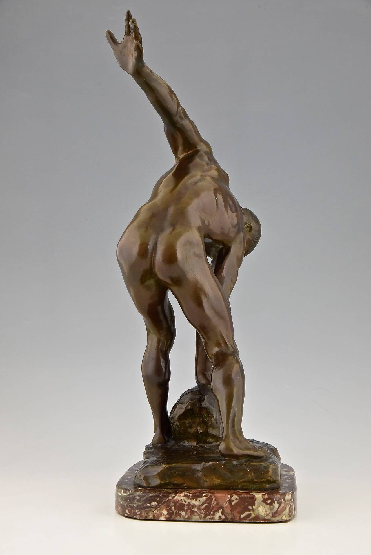 Patinated French Antique bronze sculpture of a male nude by Henri Greber, 1900