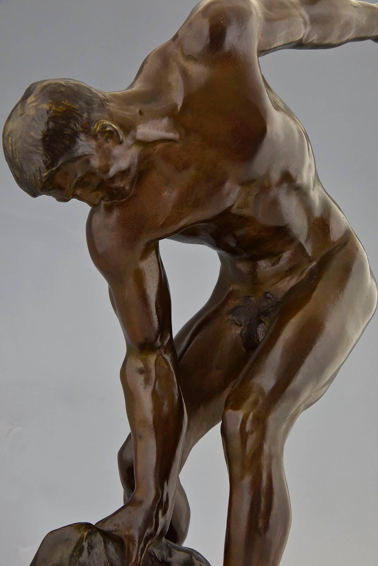 French Antique bronze sculpture of a male nude by Henri Greber, 1900 2