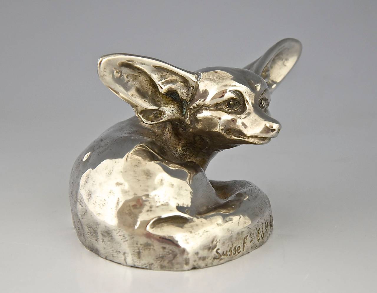 Art Deco bronze sculpture of a fennec or desert fox. 
By Edouard-Marcel Sandoz (1881-1973).
Signature and marks:  Ed.M. Sandoz , Susse Frères Ed, Susse Frères foundry seal.  
Style:  Art Deco. 
Date:  1920.
Material:  Silvered bronze. 
Origin: