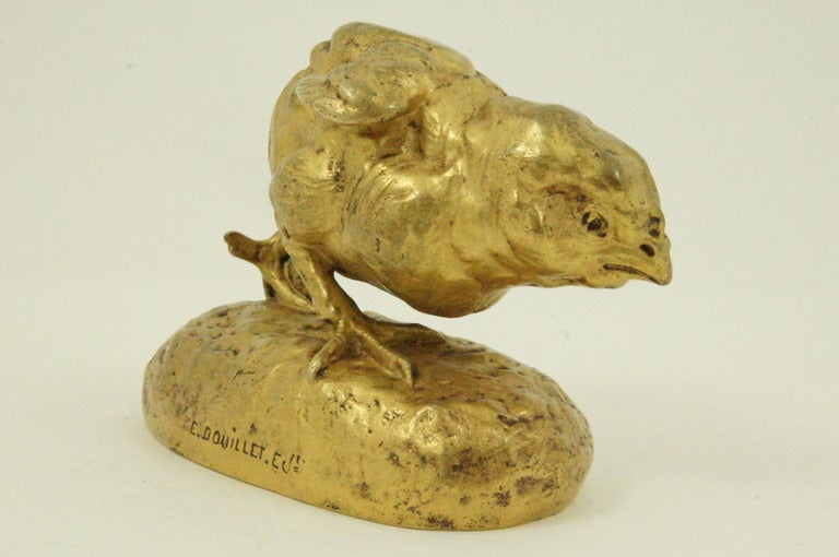 French Antique Gilt Bronze of a Running Chick by Clovis Masson