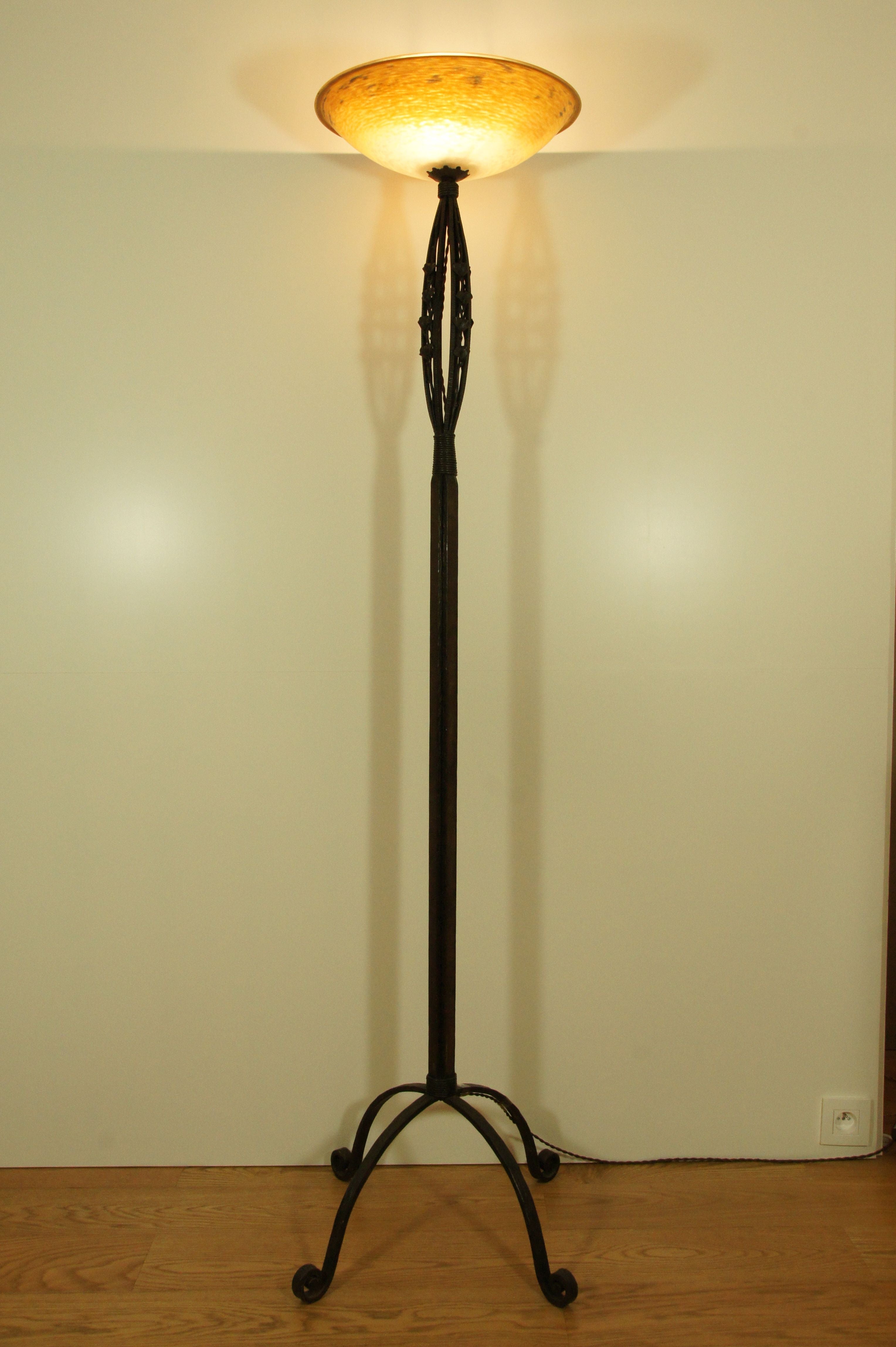 A Schneider and Henri Fournet wrought iron and glass floor lamp