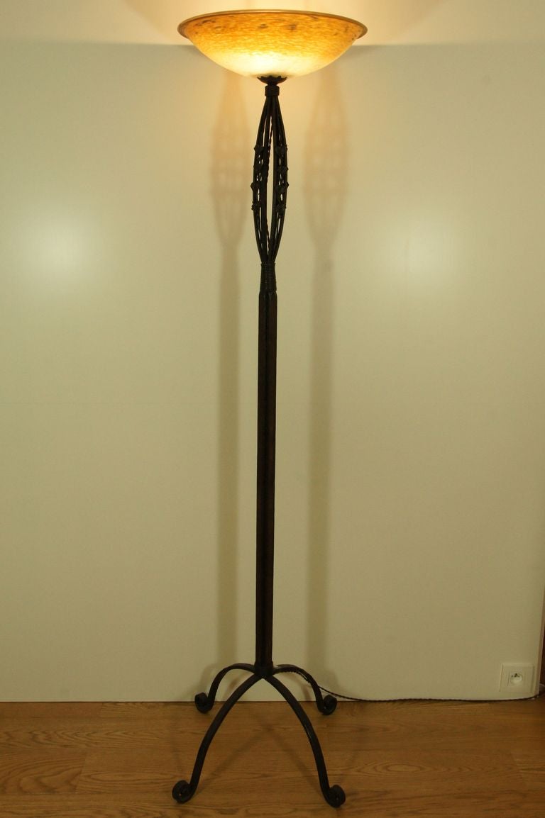 20th Century A Schneider and Henri Fournet wrought iron and glass floor lamp