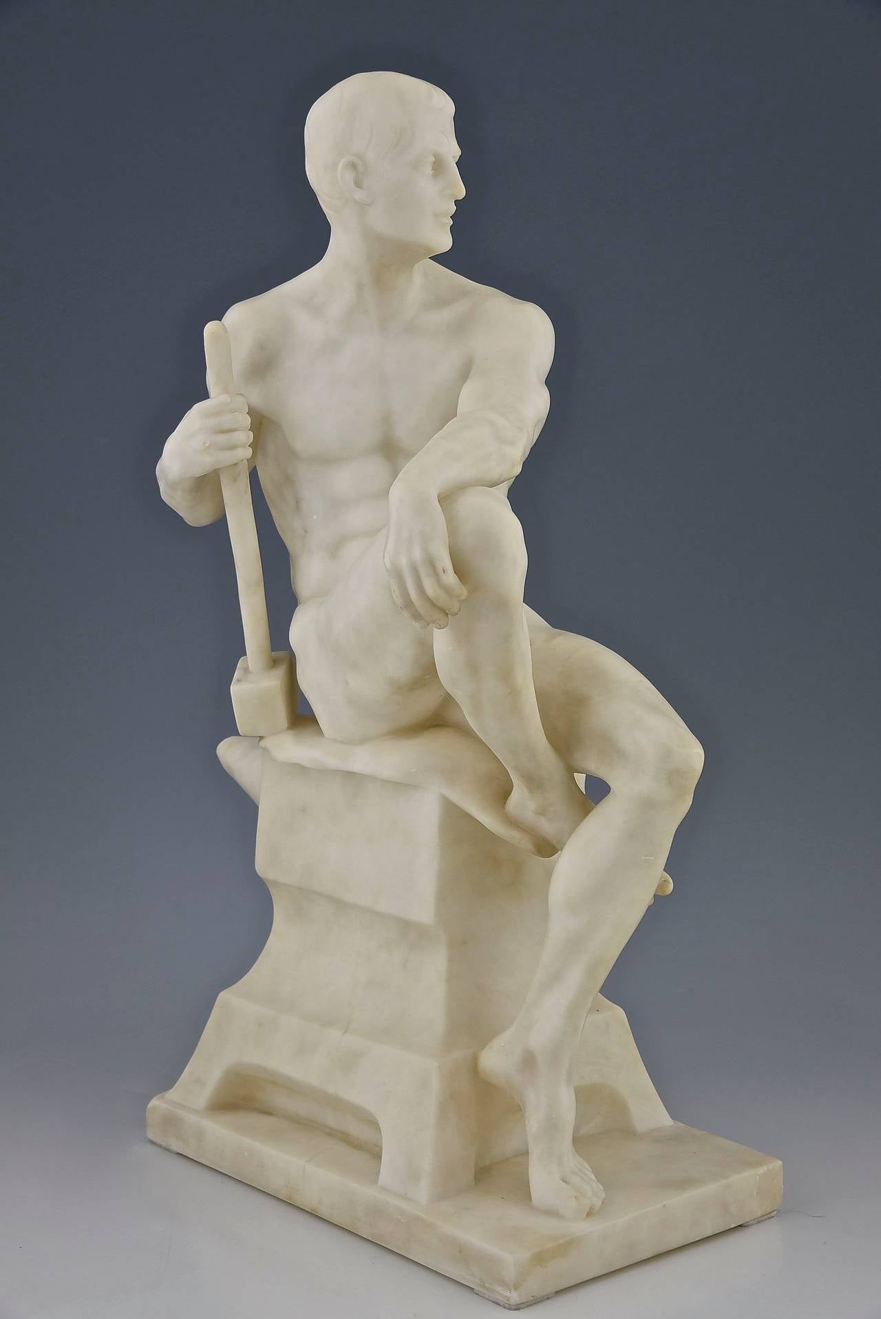 Romantic Antique Marble Sculpture of a Male Nude by Franz Iffland, 1890, Germany