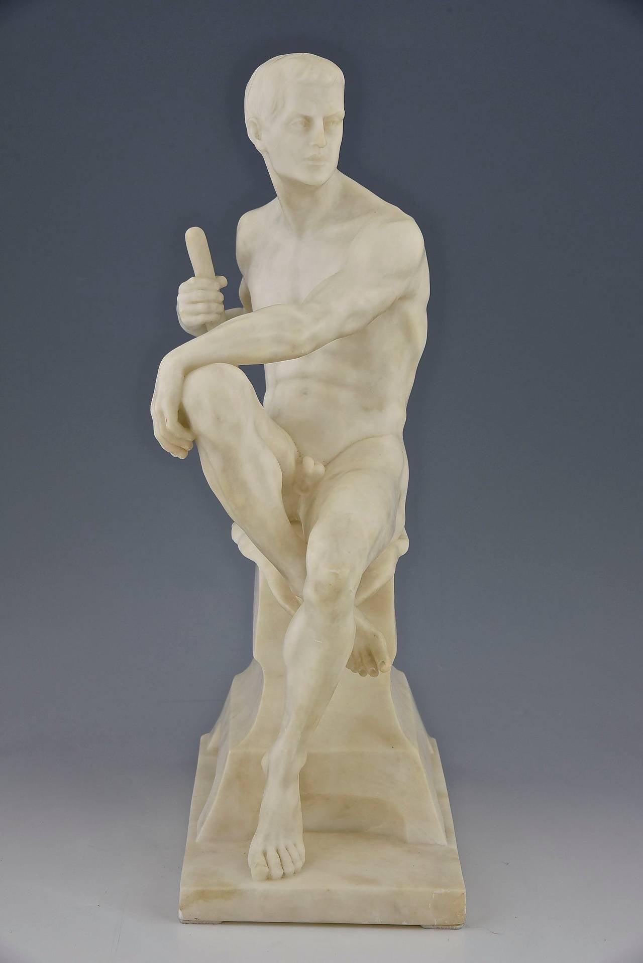 Carved Antique Marble Sculpture of a Male Nude by Franz Iffland, 1890, Germany