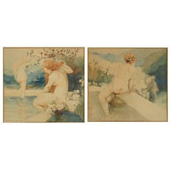 Pair of Art Nouveau Watercolor Paintings with Nudes by A. Crommen 1918 4