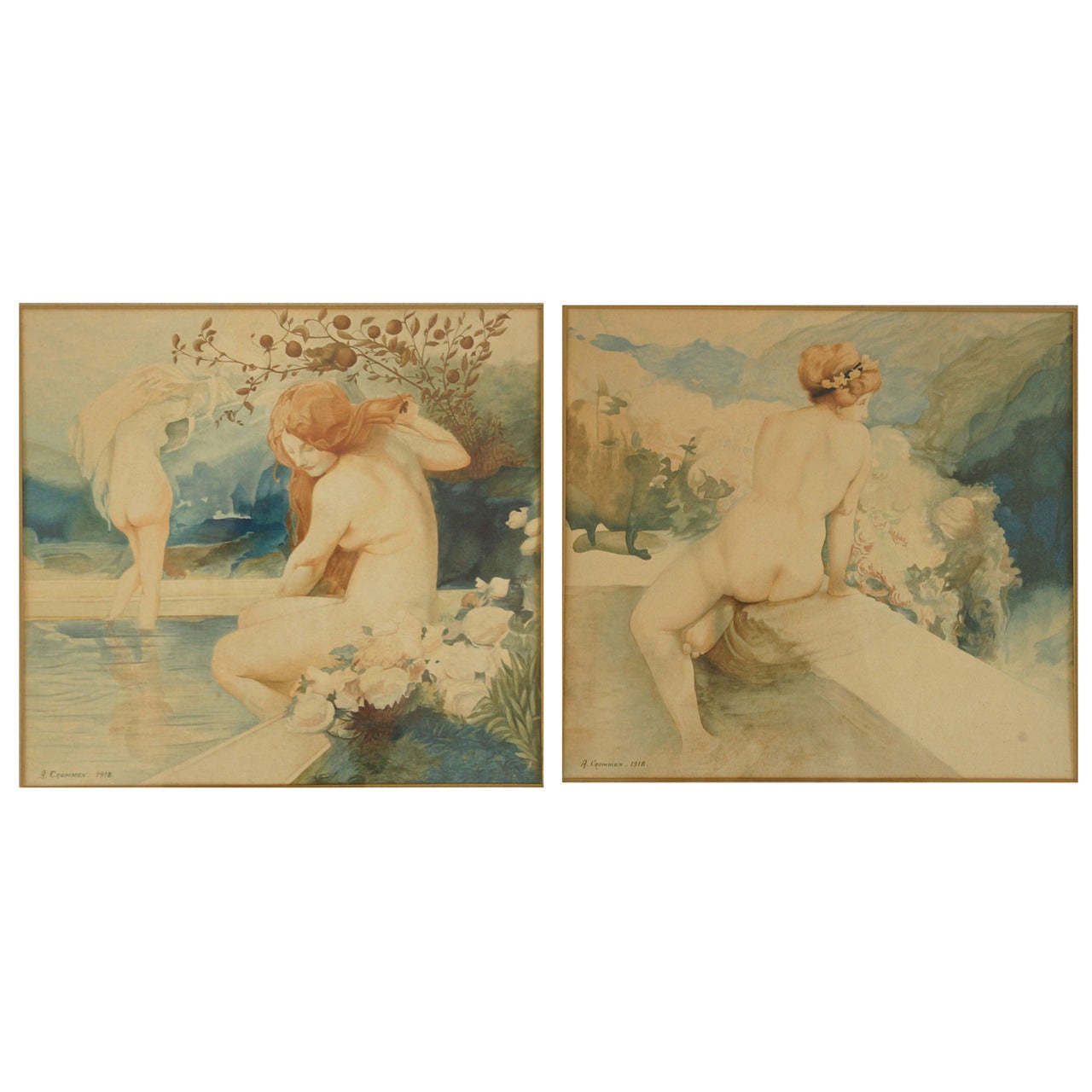 Paire de peintures à l'aquarelle Art nouveau représentant des nus par A. Crommen, 1918