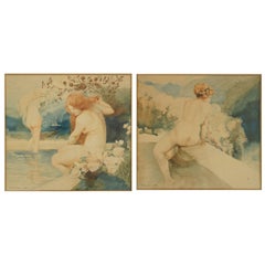 Pair of Art Nouveau Watercolor Paintings with Nudes by A. Crommen, 1918
