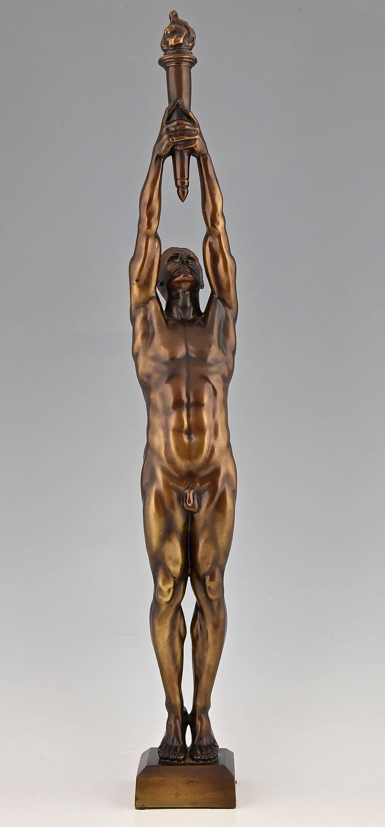 Art Deco Bronze Sculpture of a Male Nude with Torch by A. Puttemans, Belgium, 1912