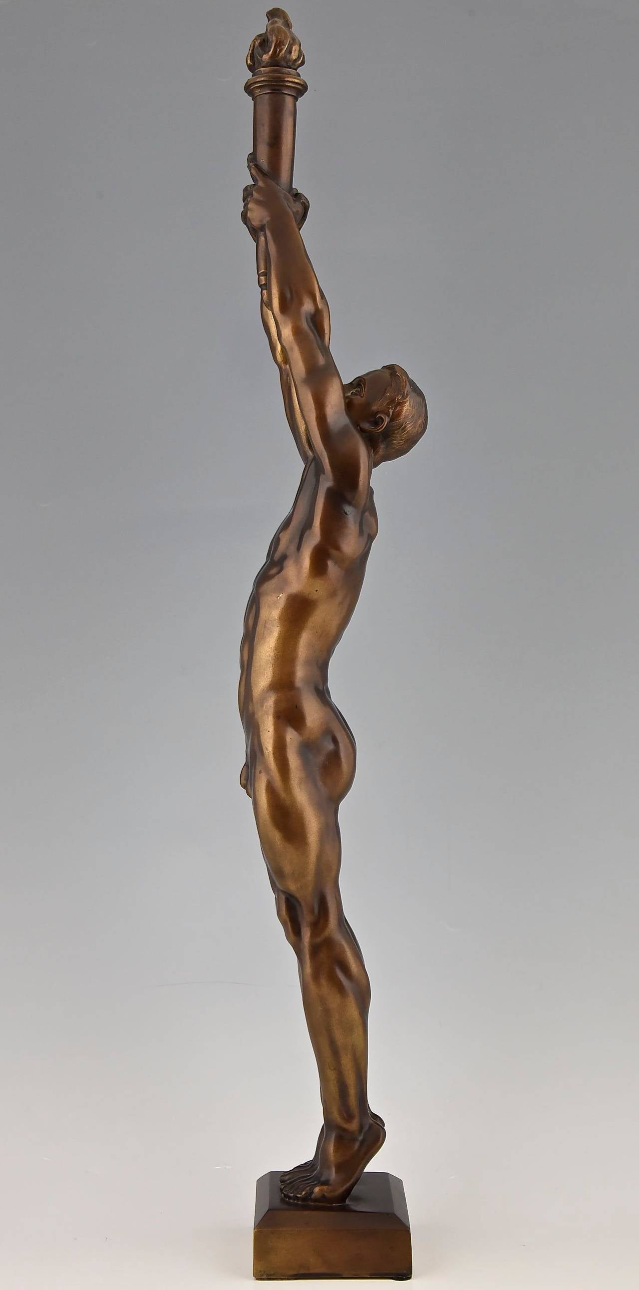 French Bronze Sculpture of a Male Nude with Torch by A. Puttemans, Belgium, 1912