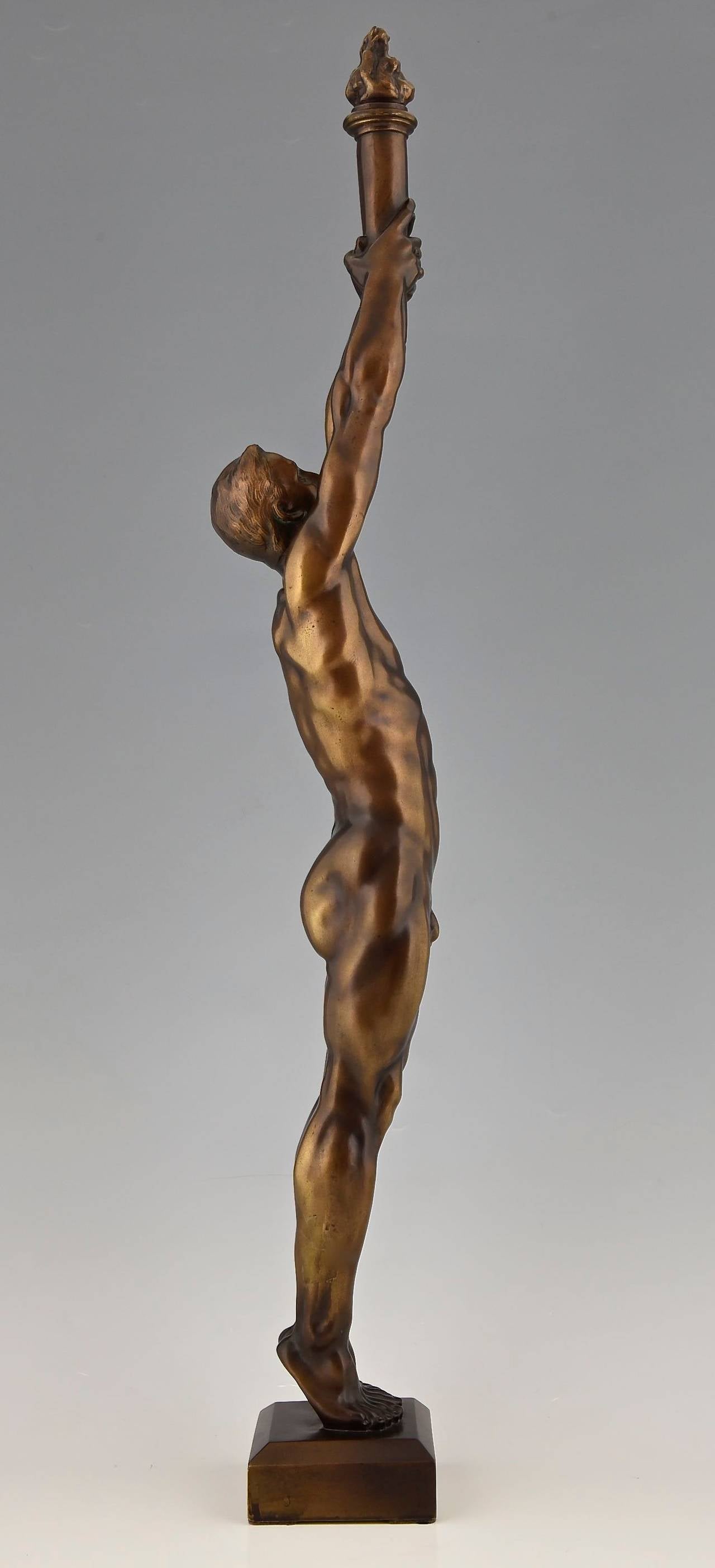 Bronze Sculpture of a Male Nude with Torch by A. Puttemans, Belgium, 1912 In Excellent Condition In Antwerp, BE