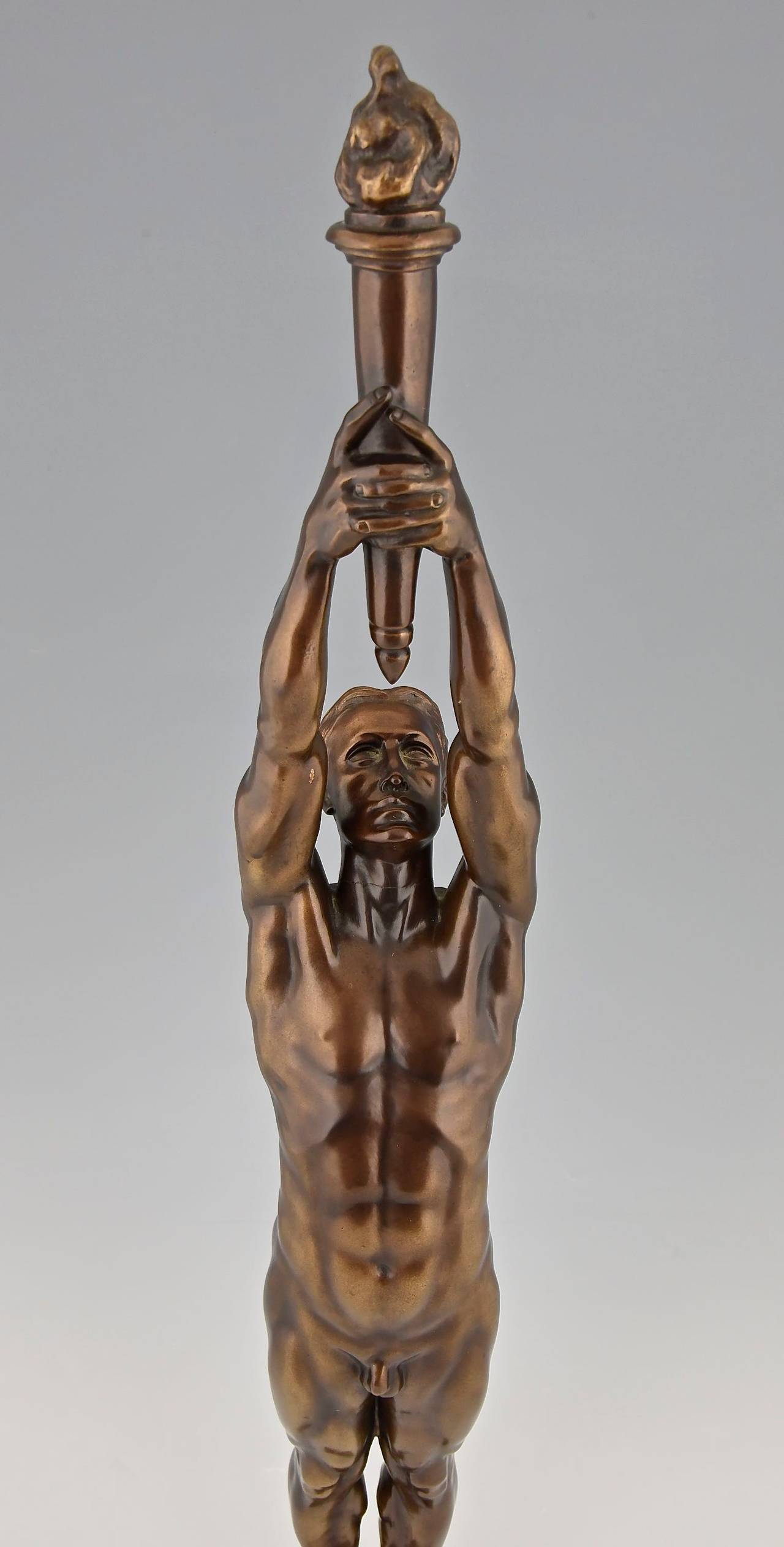 Bronze Sculpture of a Male Nude with Torch by A. Puttemans, Belgium, 1912 1