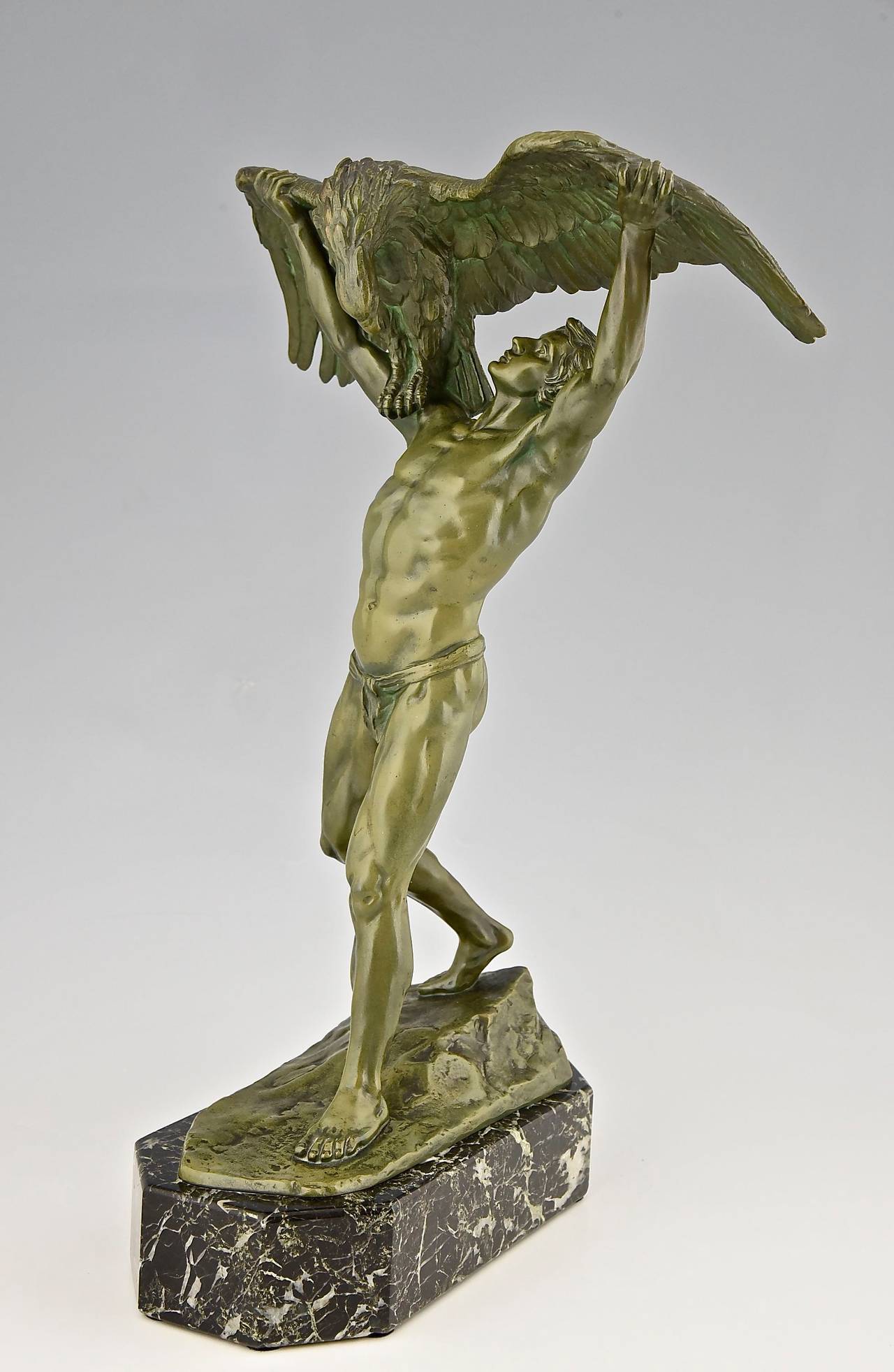 Antique bronze sculpture male nude Ganymede with eagle by Sautner 1910