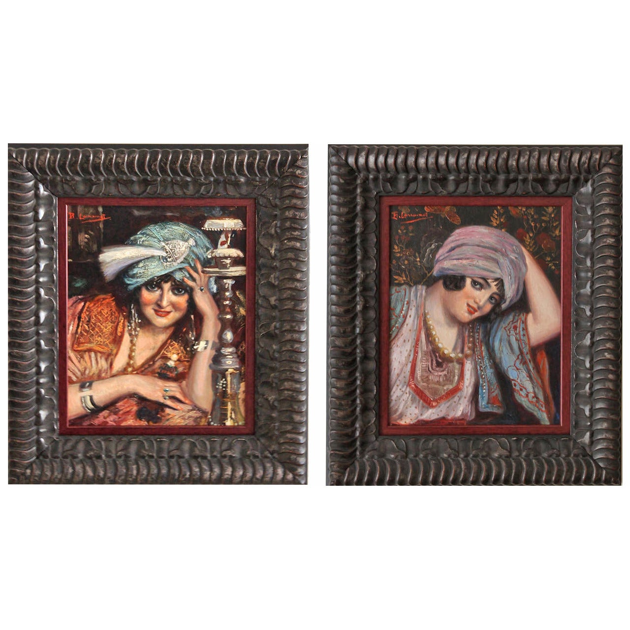 Pair of French Orientalist Paintings of Harem Ladies by Hilaire Larramet, 1900