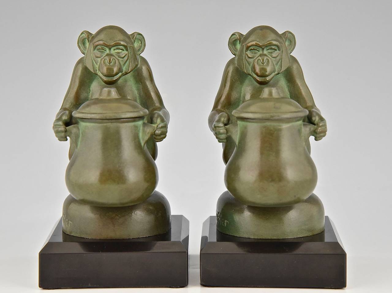 French Pair of Art Deco Monkey Inkwell Bookends, Max Le Verrier, France