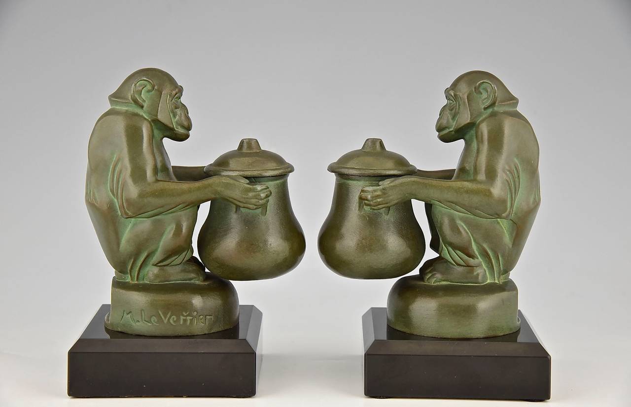Patinated Pair of Art Deco Monkey Inkwell Bookends, Max Le Verrier, France