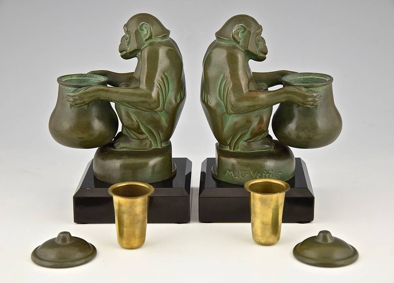 Mid-20th Century Pair of Art Deco Monkey Inkwell Bookends, Max Le Verrier, France