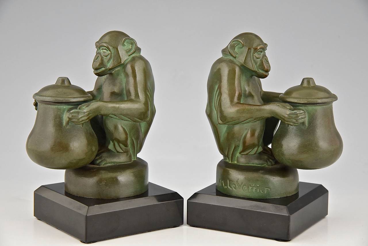 Marble Pair of Art Deco Monkey Inkwell Bookends, Max Le Verrier, France