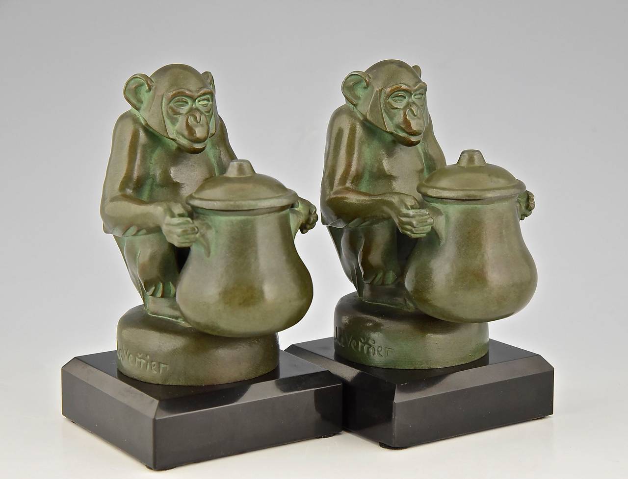 Pair of Art Deco Monkey Inkwell Bookends, Max Le Verrier, France 1