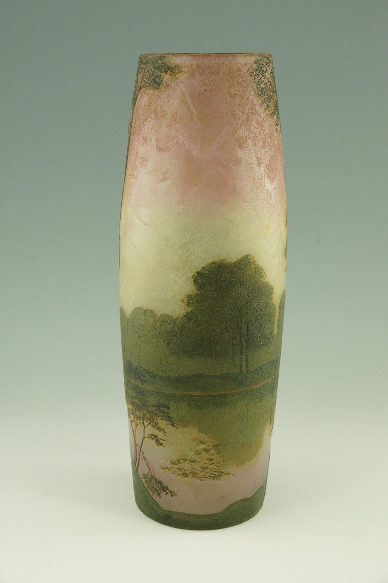 French Art Nouveau cameo glass landscape vase with enamel by Legras.