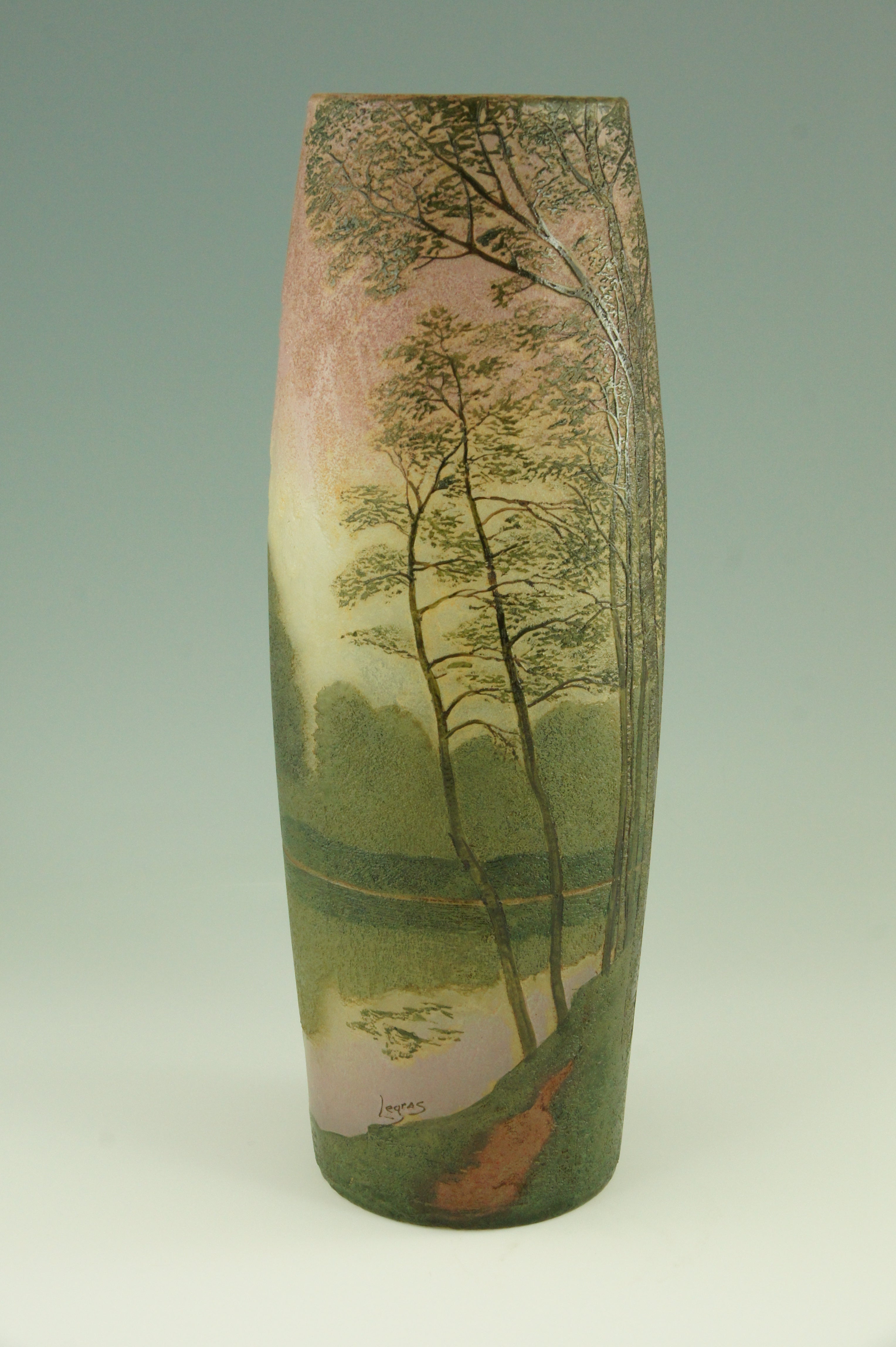 Art Nouveau cameo glass landscape vase with enamel by Legras.