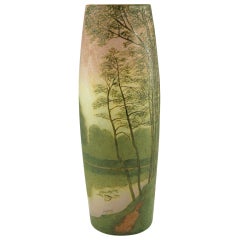 Art Nouveau cameo glass landscape vase with enamel by Legras.