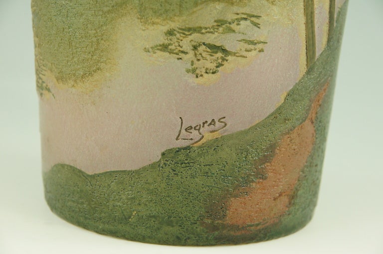 Art Glass Art Nouveau cameo glass landscape vase with enamel by Legras.