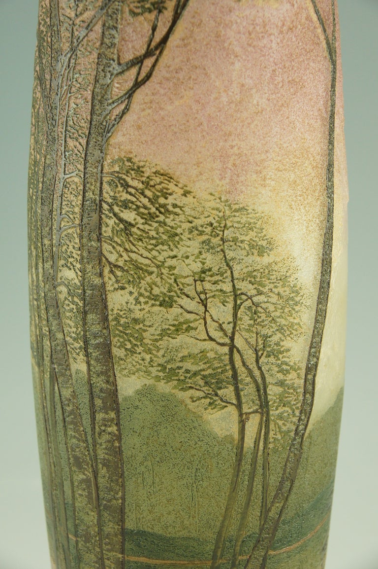 Art Nouveau cameo glass landscape vase with enamel by Legras. In Good Condition In Antwerp, BE