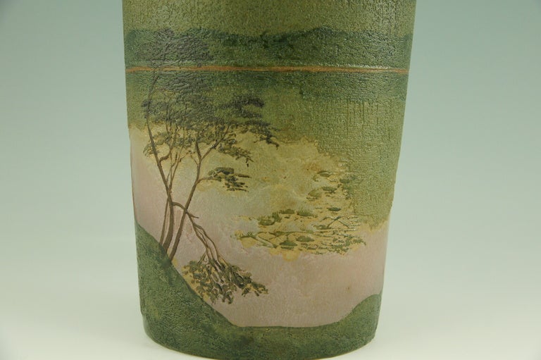 Art Nouveau cameo glass landscape vase with enamel by Legras. 2