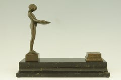 Art Deco bronze and marble inkwell with a nude by Seraphin.