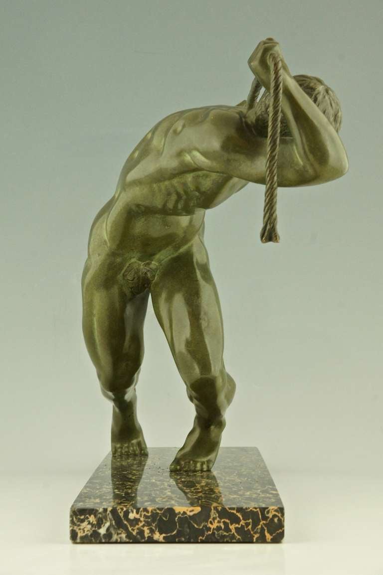 Bronze Art deco bronze sculpture of a male nude by Maurice Guiraud Rivière, 1930