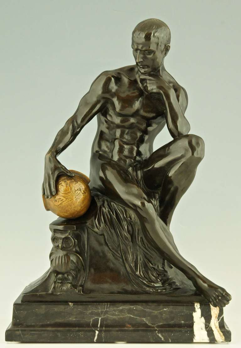 "Science" Antique bronze of a seated male nude by Franz Iffland, 1890.